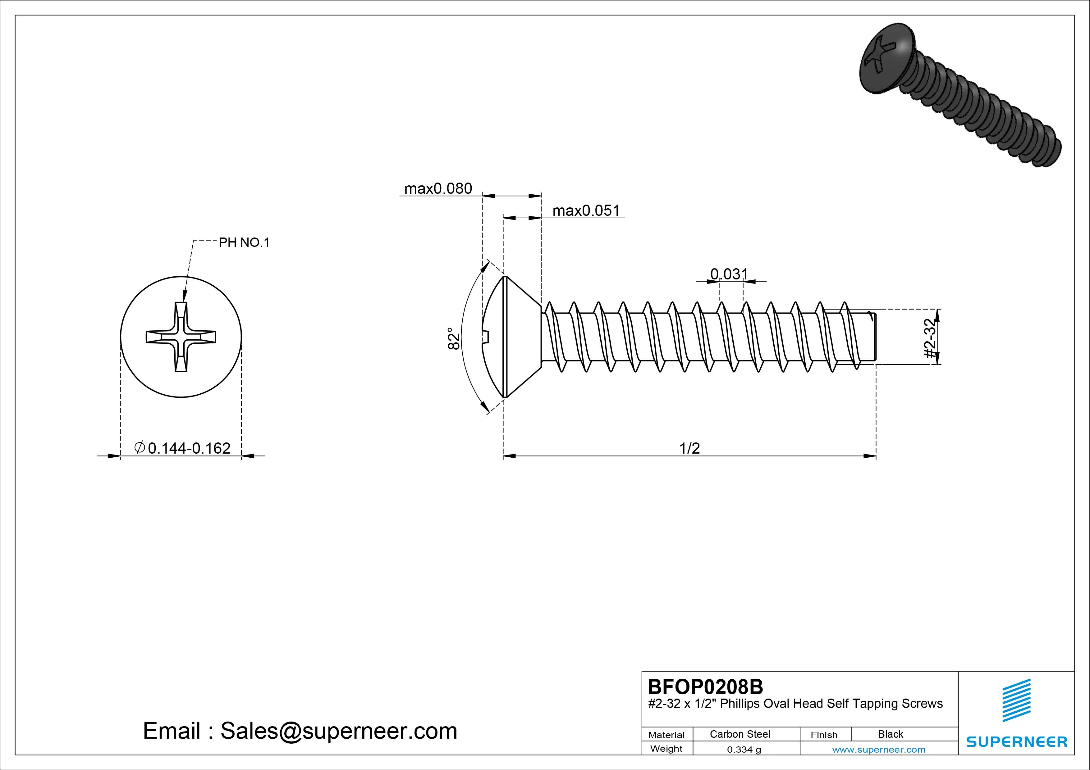 2-32 x 1/2" Phillips Oval Head Self Tapping Screws Steel Black Zinc Plated