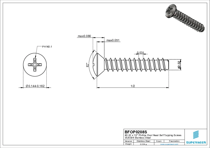 2-32 x 1/2" Phillips Oval Head Self Tapping Screws SUS304 Stainless Steel Inox