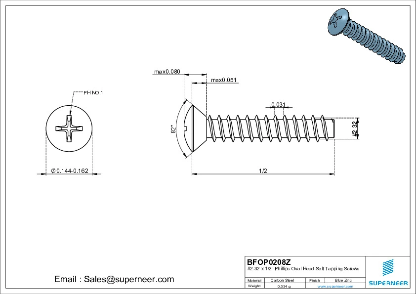 2-32 x 1/2" Phillips Oval Head Self Tapping Screws Steel Blue Zinc Plated