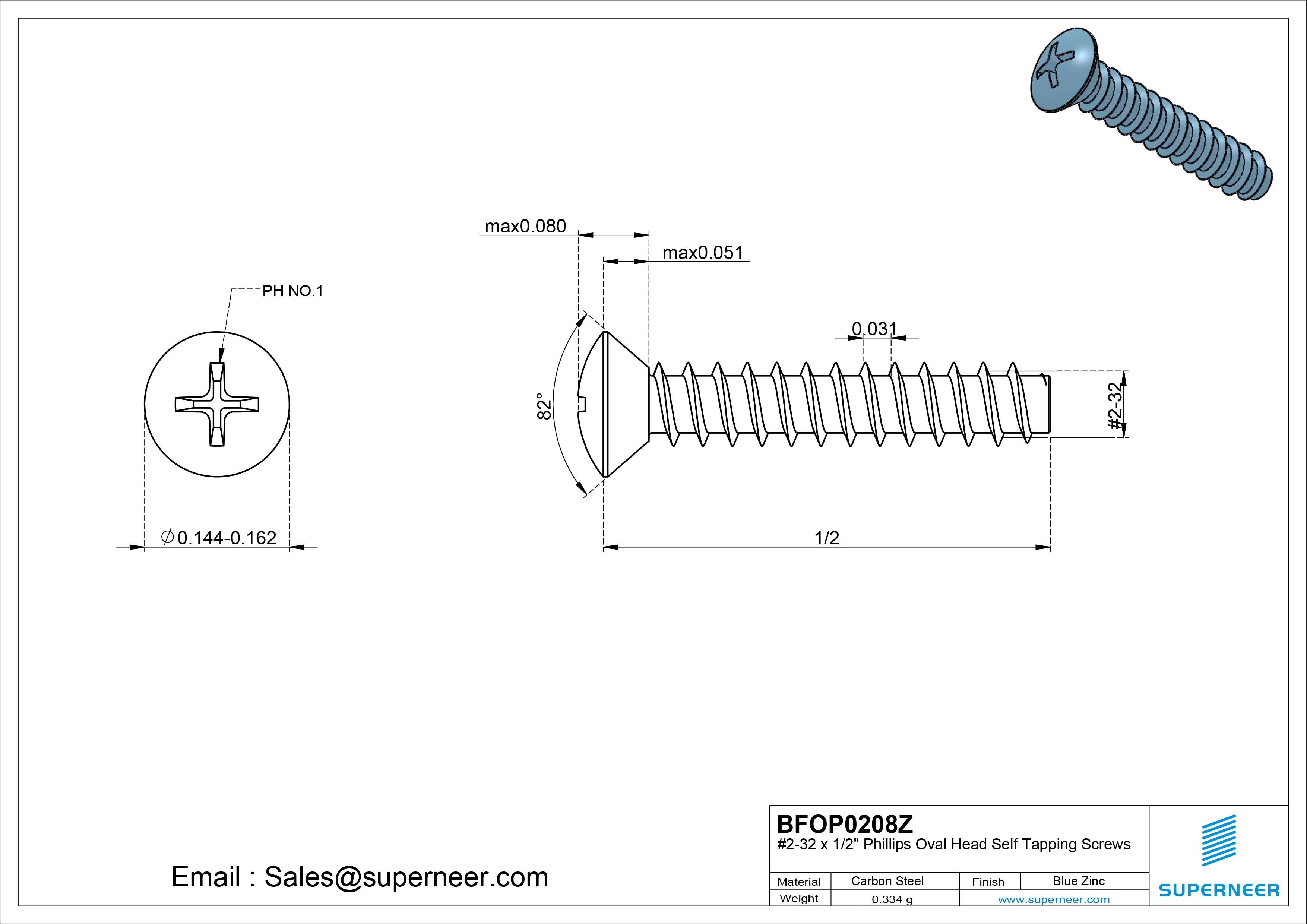 2-32 x 1/2" Phillips Oval Head Self Tapping Screws Steel Blue Zinc Plated