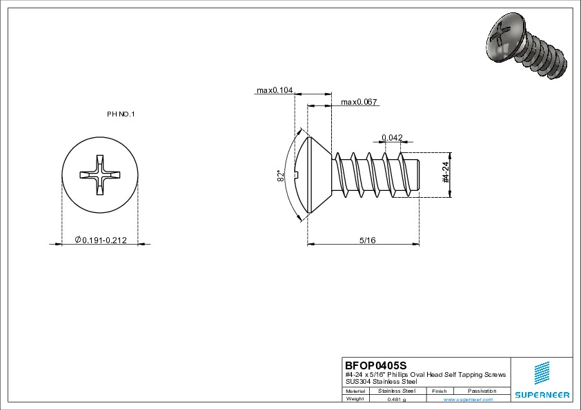 4-24 x 5/16" Phillips Oval Head Self Tapping Screws SUS304 Stainless Steel Inox