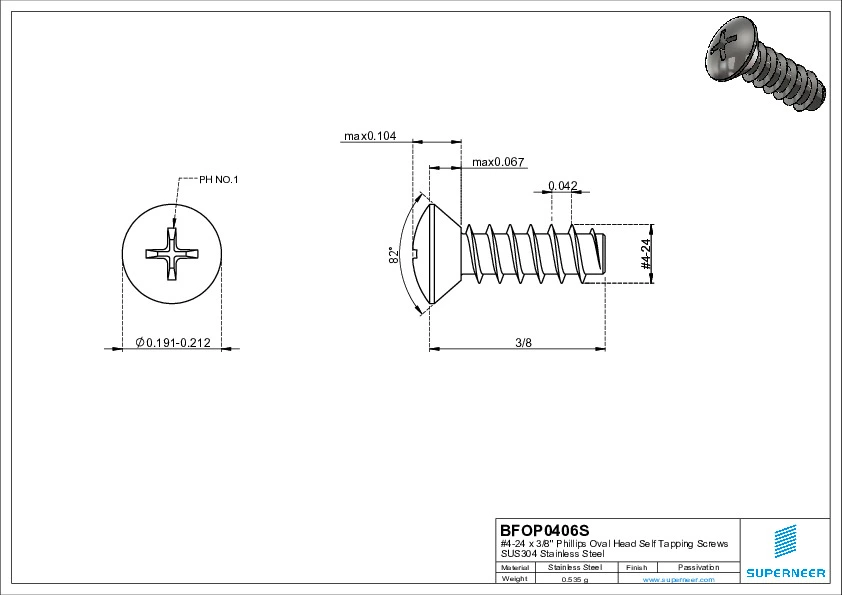 4-24 x 3/8" Phillips Oval Head Self Tapping Screws SUS304 Stainless Steel Inox