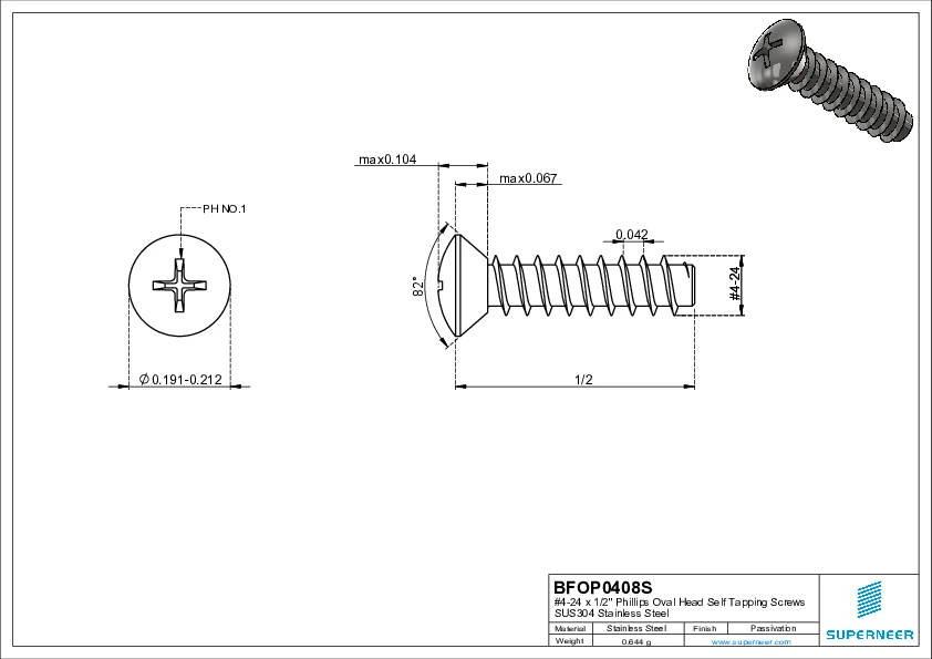 4-24 x 1/2" Phillips Oval Head Self Tapping Screws SUS304 Stainless Steel Inox