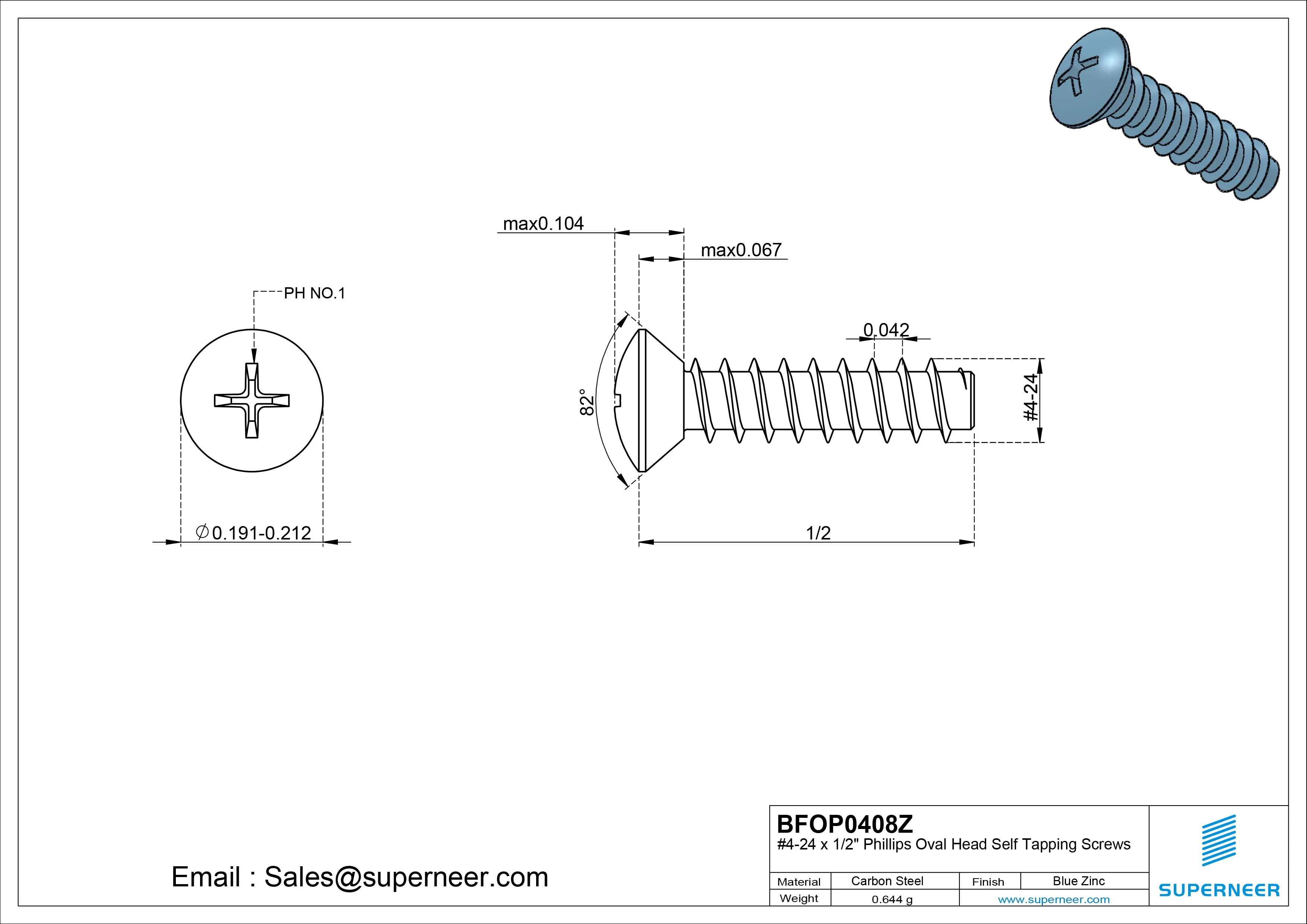 4-24 x 1/2" Phillips Oval Head Self Tapping Screws Steel Blue Zinc Plated