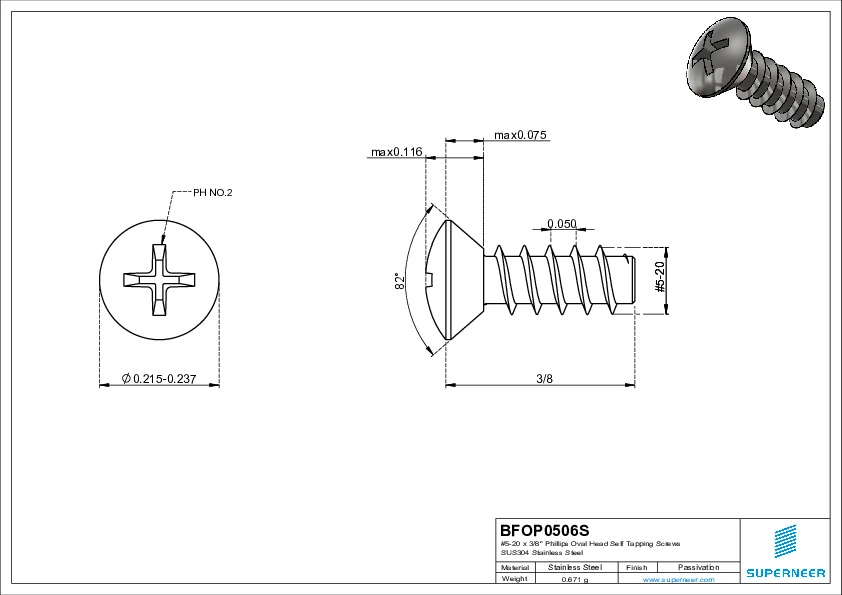 5-20 x 3/8" Phillips Oval Head Self Tapping Screws SUS304 Stainless Steel Inox