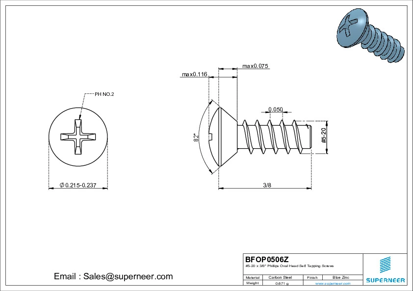 5-20 x 3/8" Phillips Oval Head Self Tapping Screws Steel Blue Zinc Plated