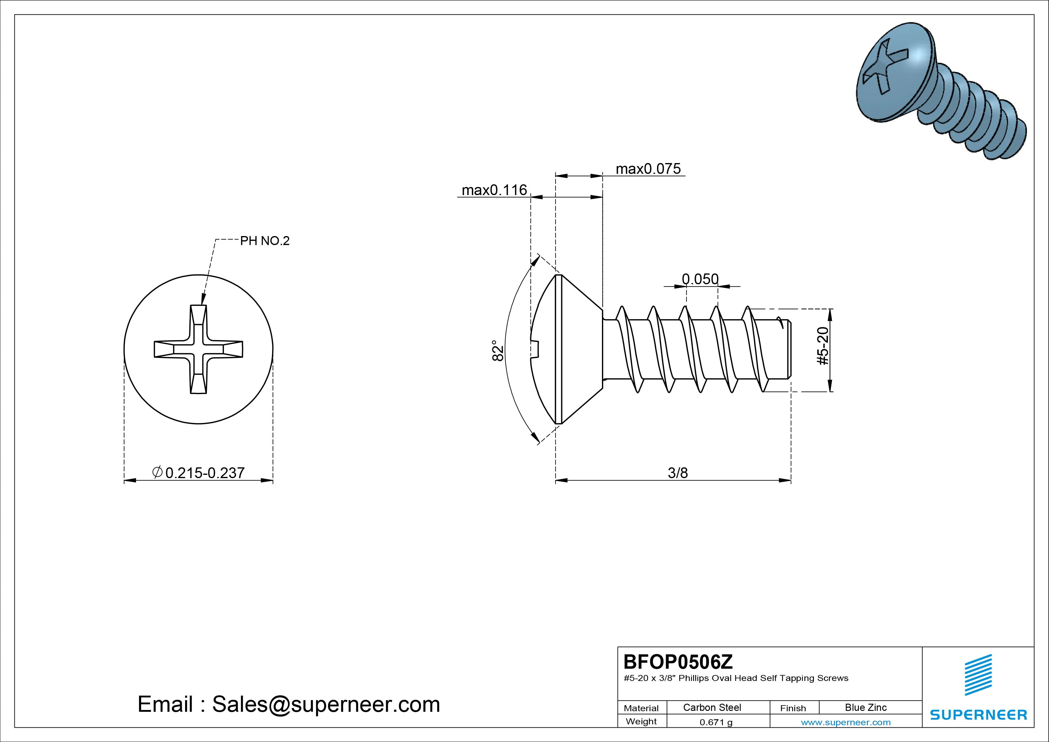 5-20 x 3/8" Phillips Oval Head Self Tapping Screws Steel Blue Zinc Plated