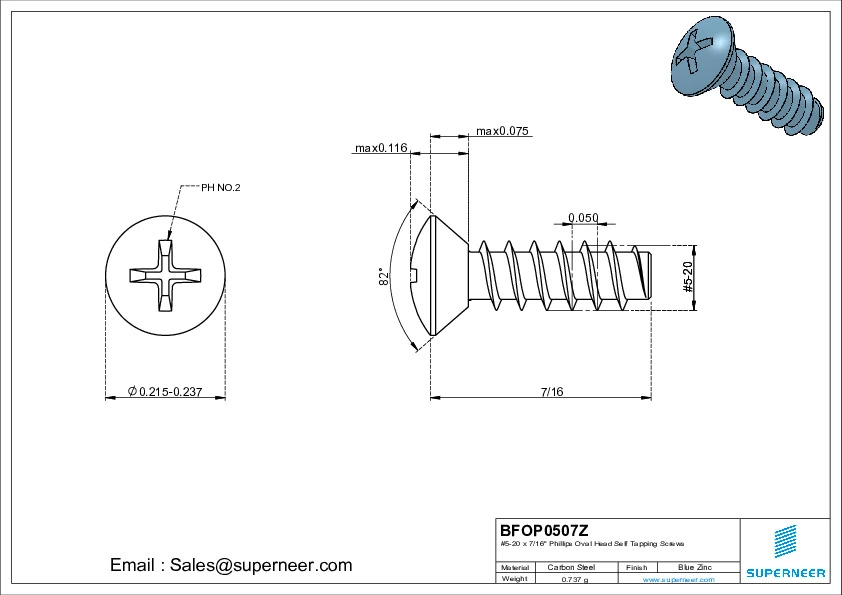 5-20 x 7/16" Phillips Oval Head Self Tapping Screws Steel Blue Zinc Plated