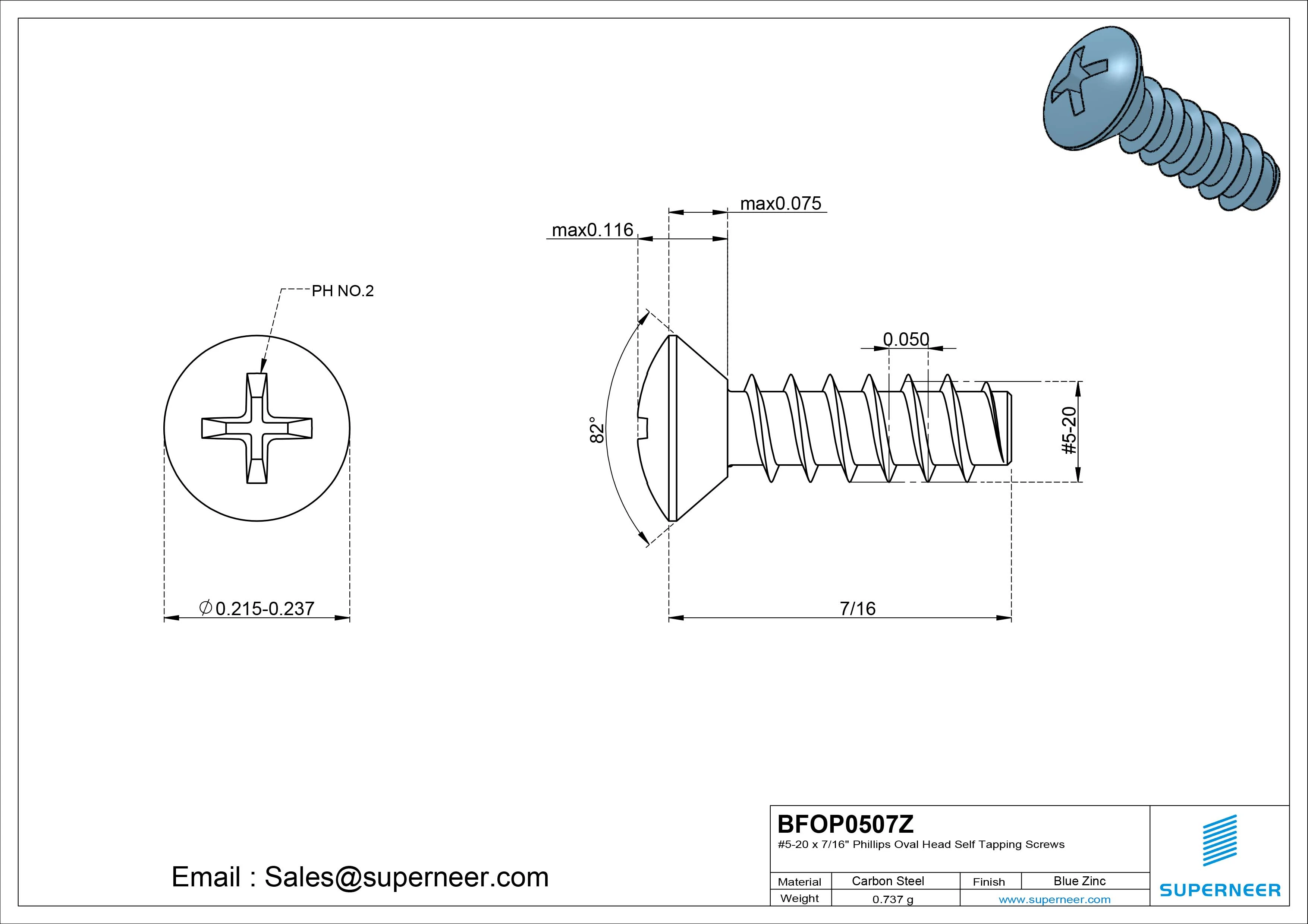 5-20 x 7/16" Phillips Oval Head Self Tapping Screws Steel Blue Zinc Plated