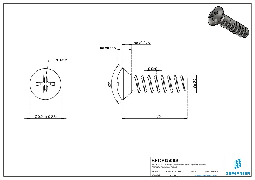 5-20 x 1/2" Phillips Oval Head Self Tapping Screws SUS304 Stainless Steel Inox