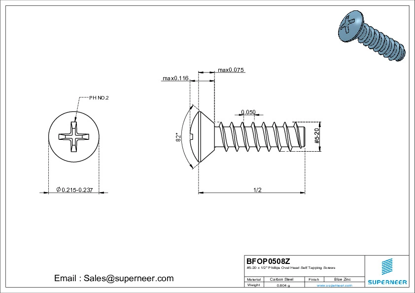 5-20 x 1/2" Phillips Oval Head Self Tapping Screws Steel Blue Zinc Plated