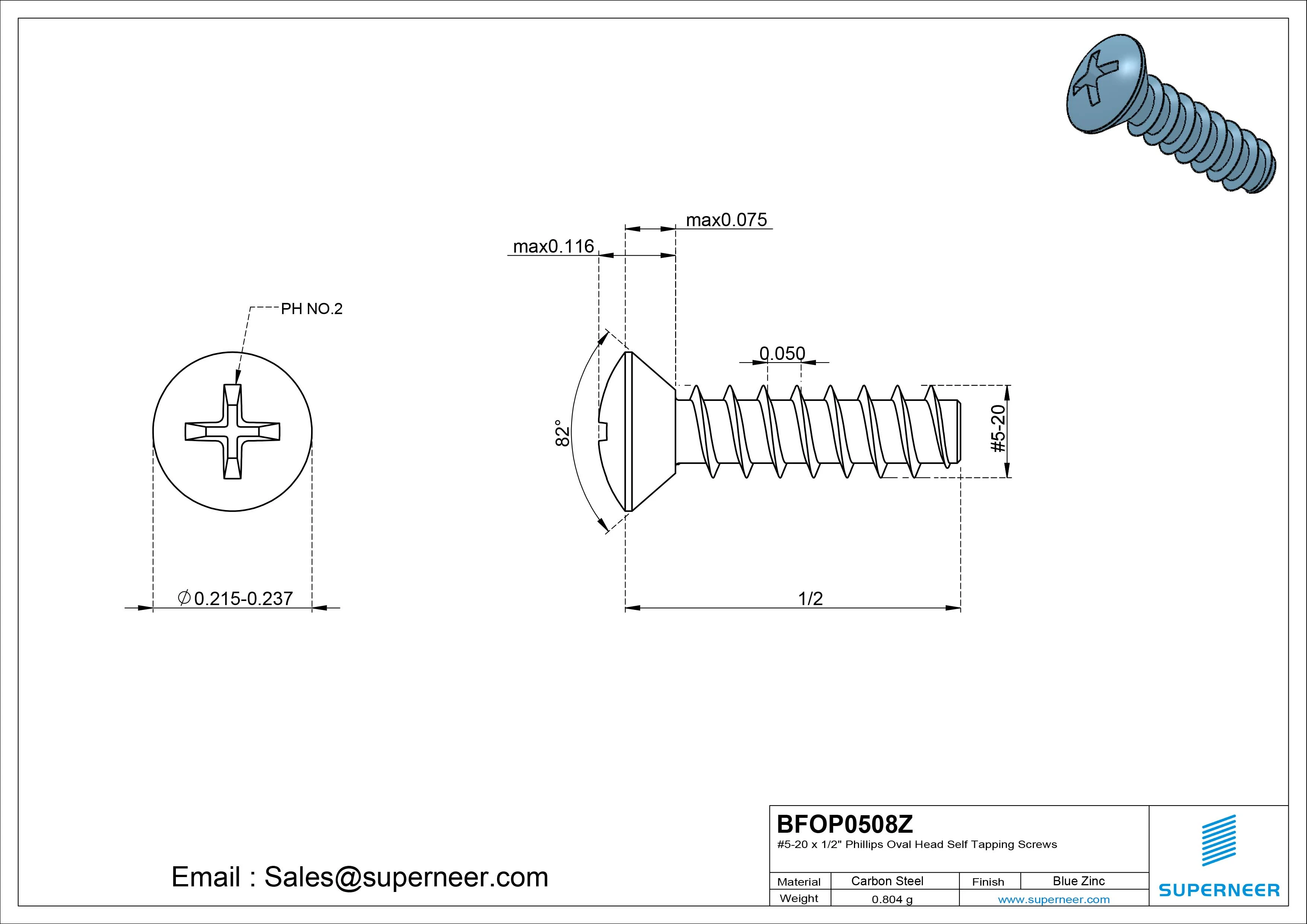 5-20 x 1/2" Phillips Oval Head Self Tapping Screws Steel Blue Zinc Plated