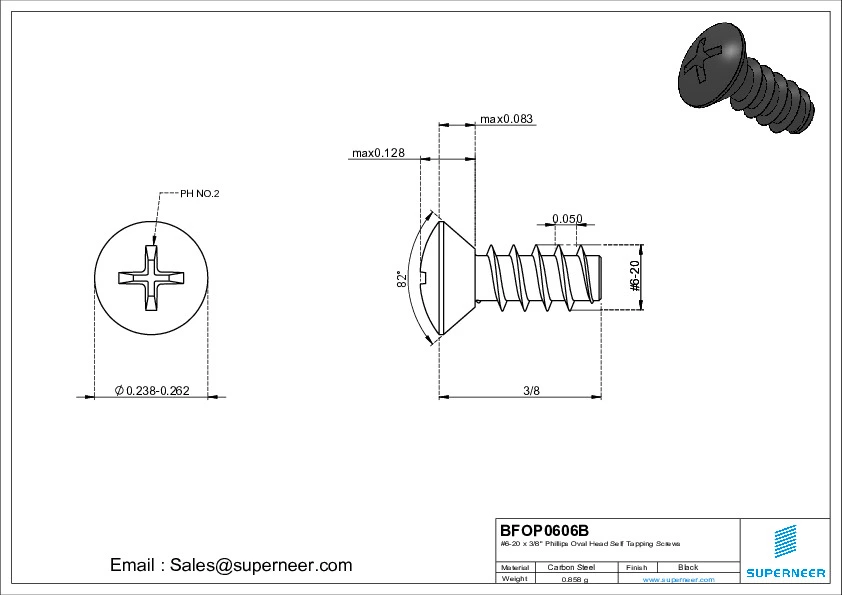 6-20 x 3/8" Phillips Oval Head Self Tapping Screws Steel Black Zinc Plated