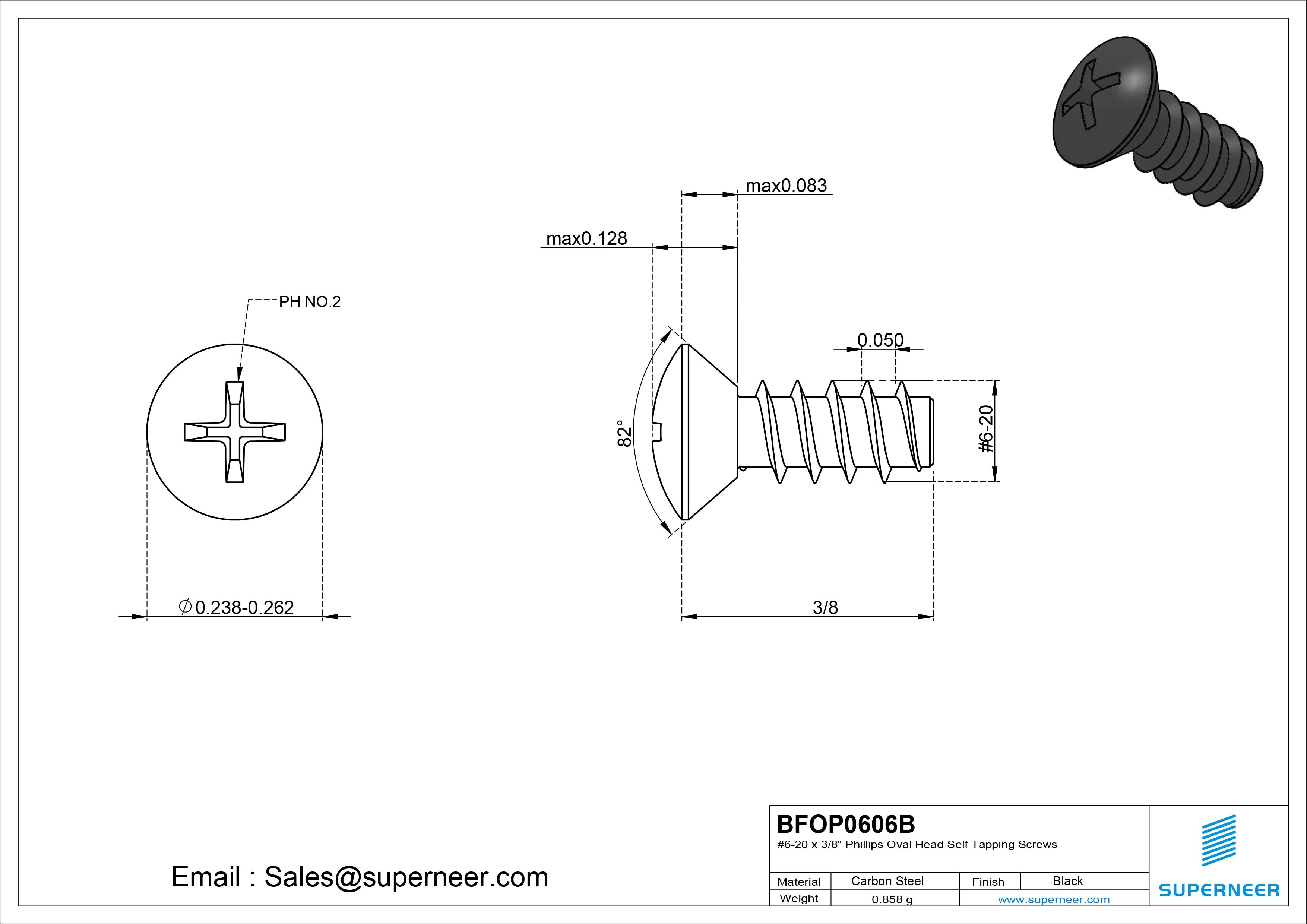 6-20 x 3/8" Phillips Oval Head Self Tapping Screws Steel Black Zinc Plated