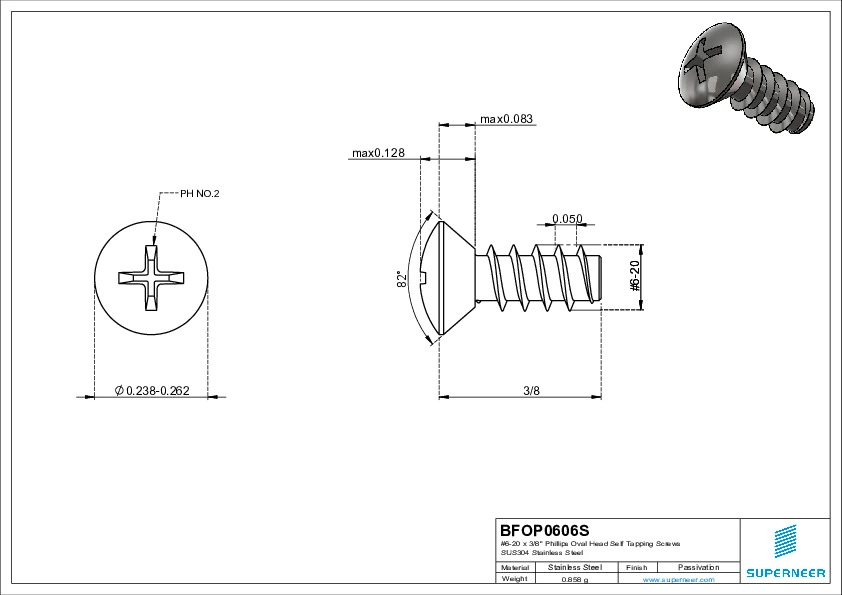 6-20 x 3/8" Phillips Oval Head Self Tapping Screws SUS304 Stainless Steel Inox