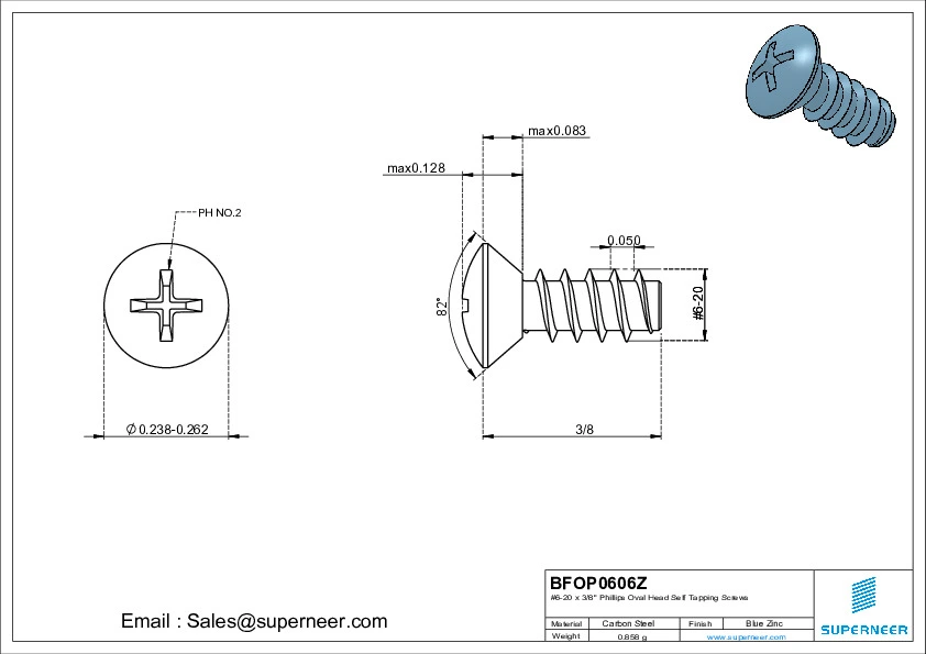 6-20 x 3/8" Phillips Oval Head Self Tapping Screws Steel Blue Zinc Plated