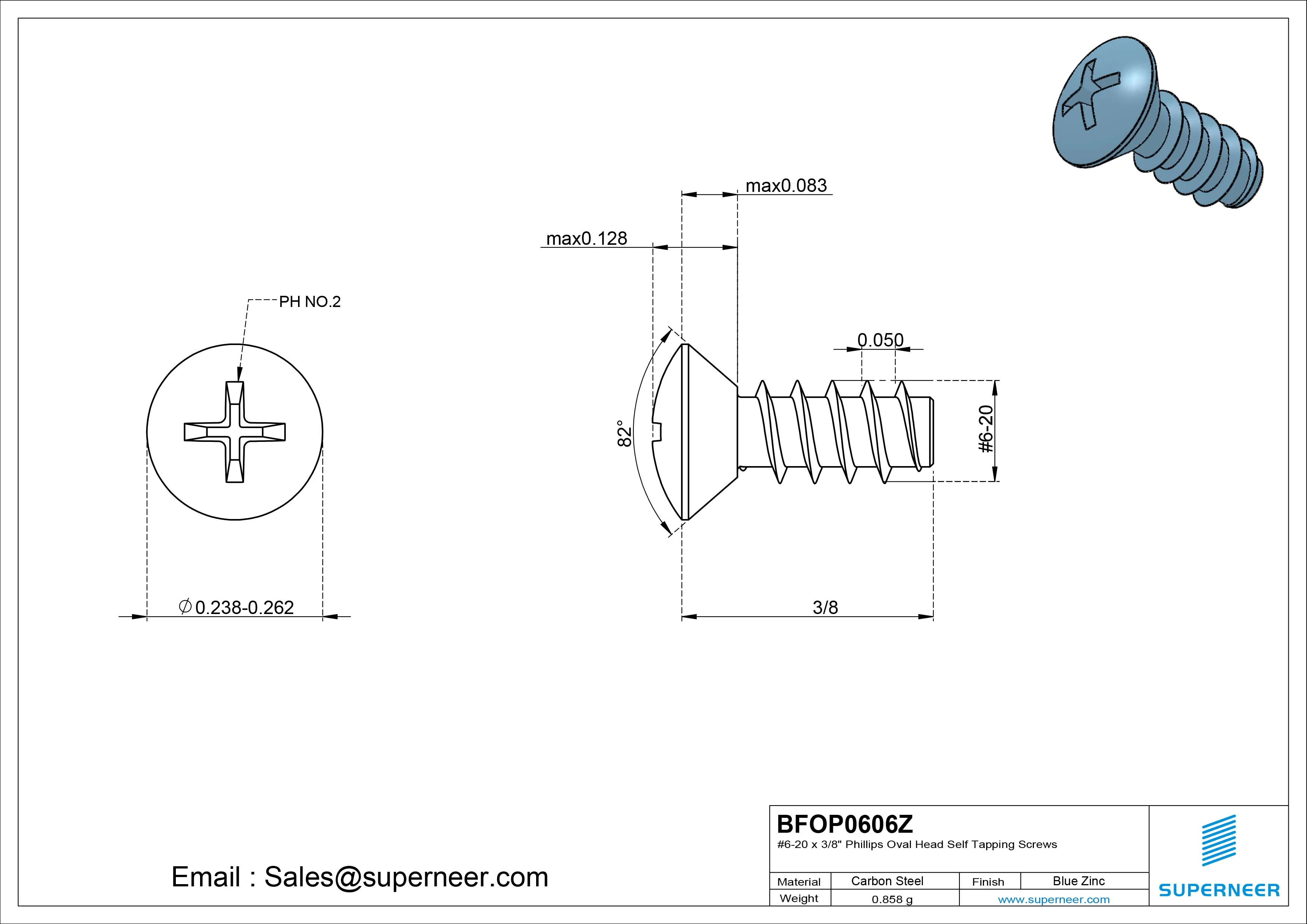 6-20 x 3/8" Phillips Oval Head Self Tapping Screws Steel Blue Zinc Plated