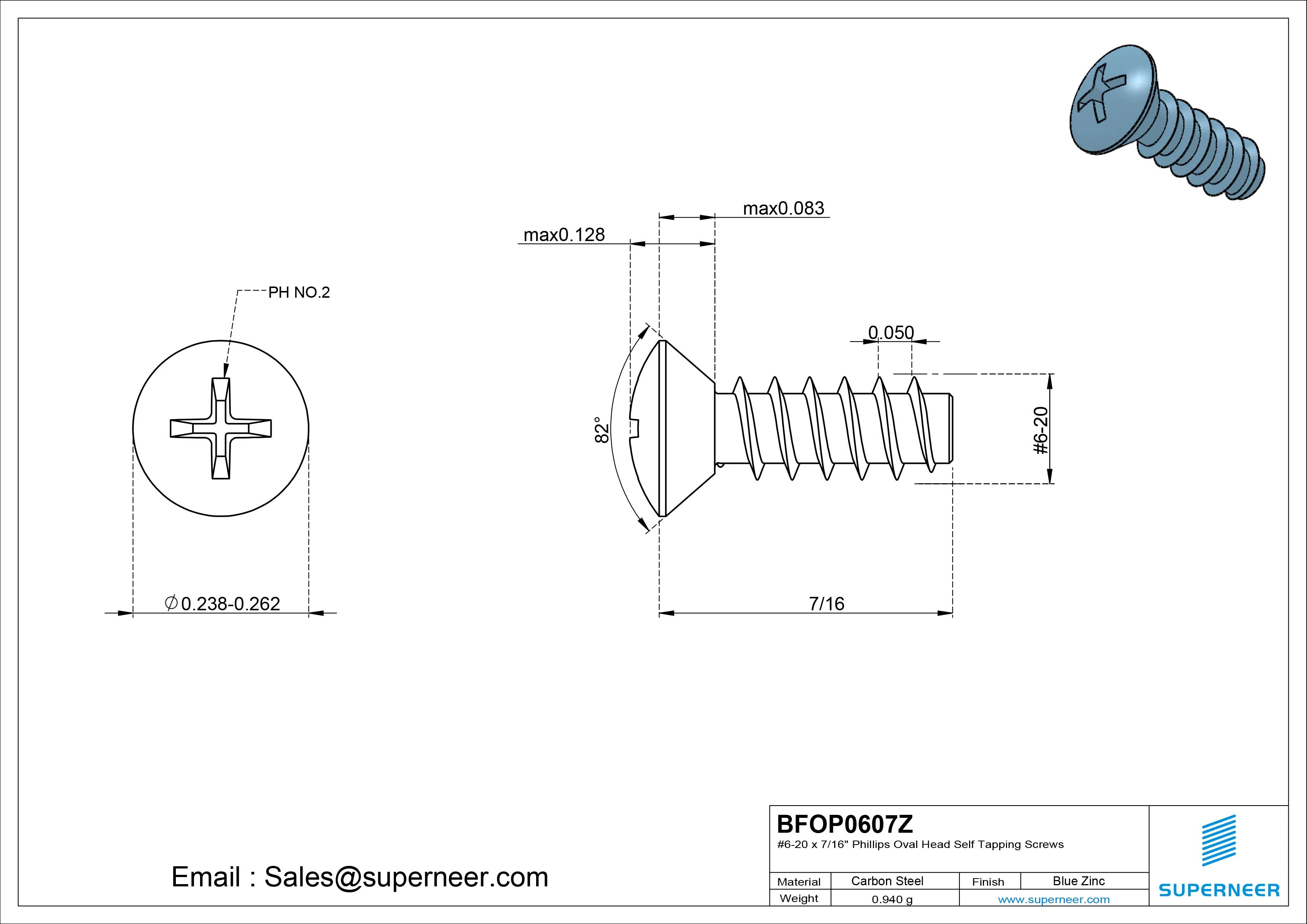 6-20 x 7/16" Phillips Oval Head Self Tapping Screws Steel Blue Zinc Plated