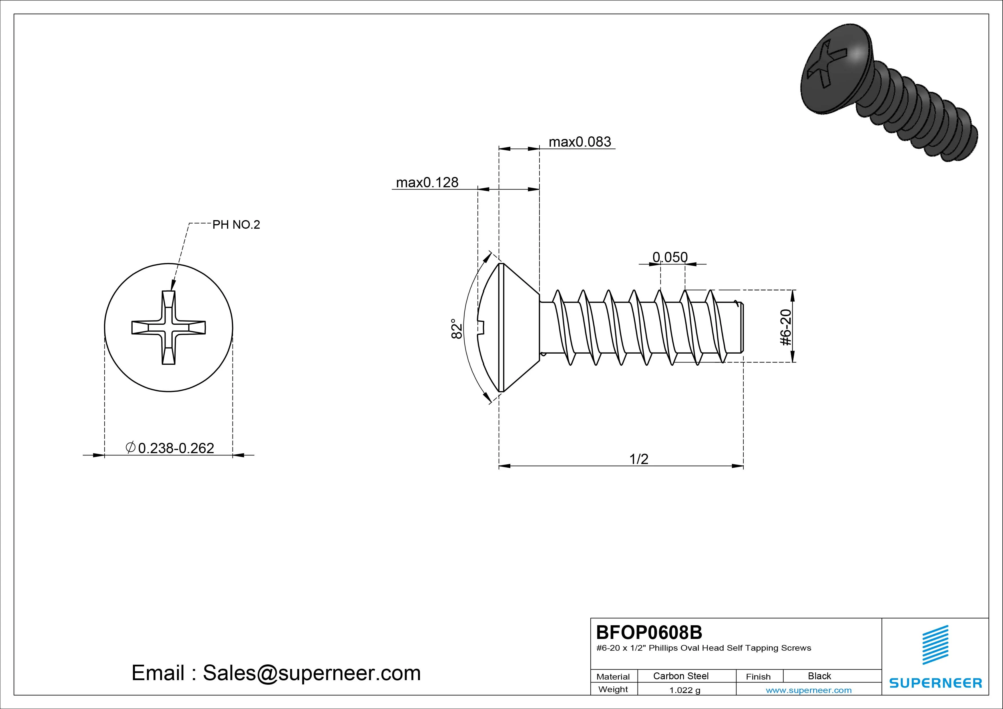 6-20 x 1/2" Phillips Oval Head Self Tapping Screws Steel Black Zinc Plated