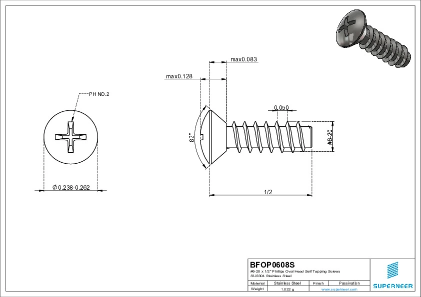 6-20 x 1/2" Phillips Oval Head Self Tapping Screws SUS304 Stainless Steel Inox