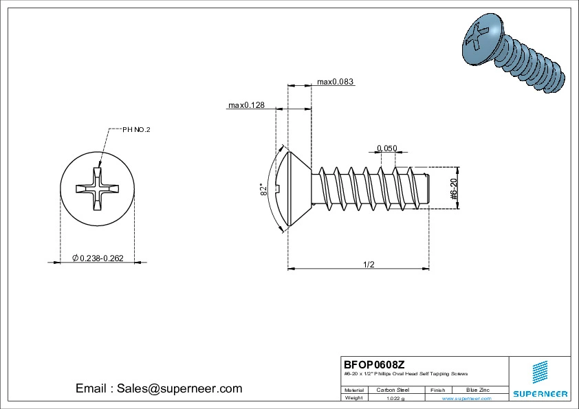 6-20 x 1/2" Phillips Oval Head Self Tapping Screws Steel Blue Zinc Plated