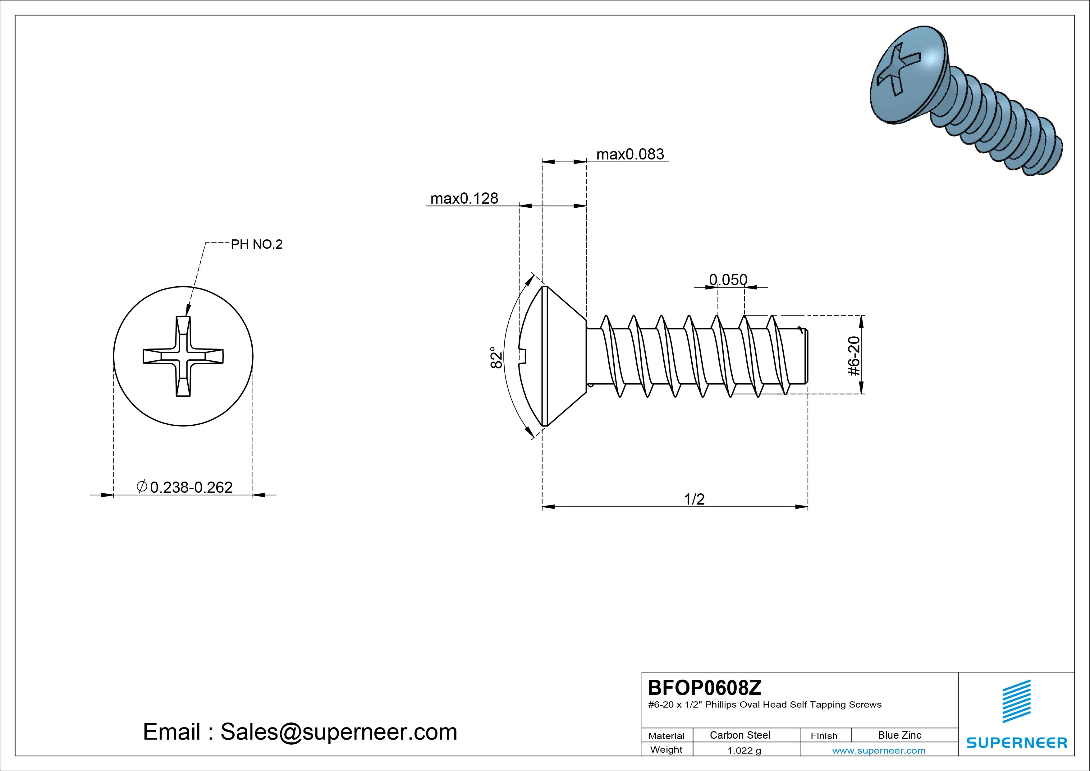 6-20 x 1/2" Phillips Oval Head Self Tapping Screws Steel Blue Zinc Plated