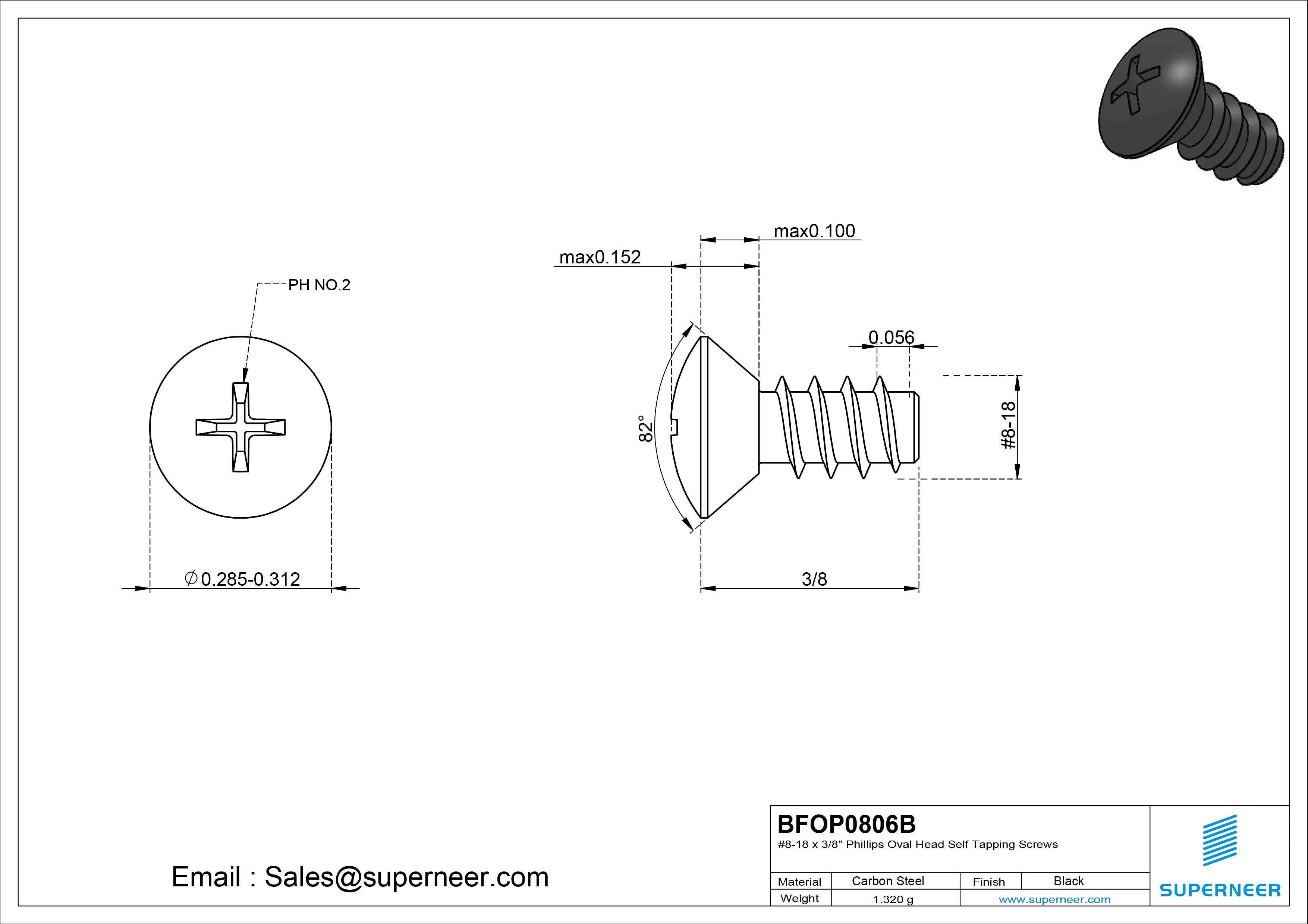 8-18 x 3/8" Phillips Oval Head Self Tapping Screws Steel Black Zinc Plated