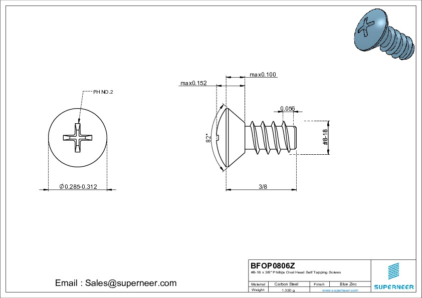 8-18 x 3/8" Phillips Oval Head Self Tapping Screws Steel Blue Zinc Plated