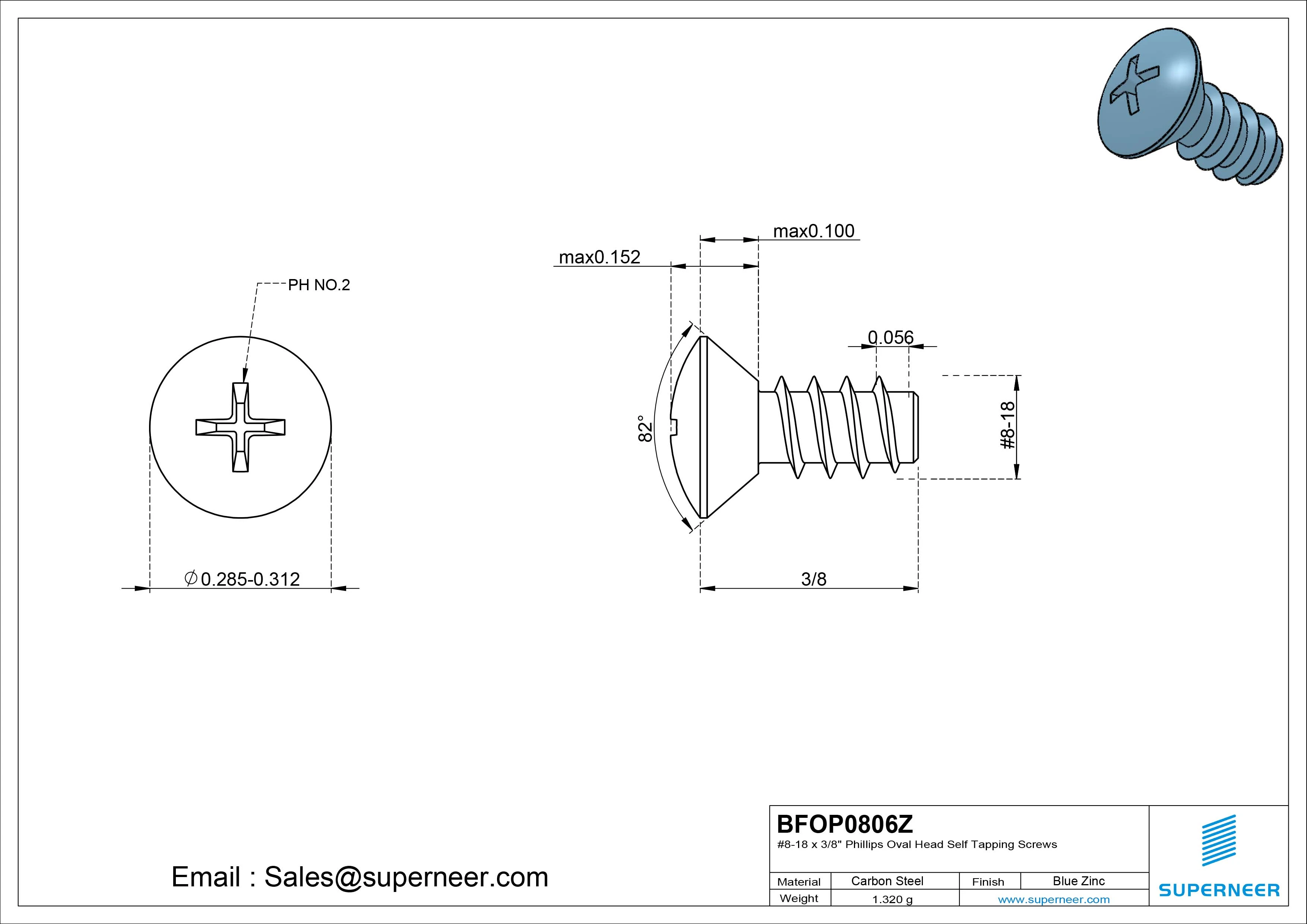 8-18 x 3/8" Phillips Oval Head Self Tapping Screws Steel Blue Zinc Plated