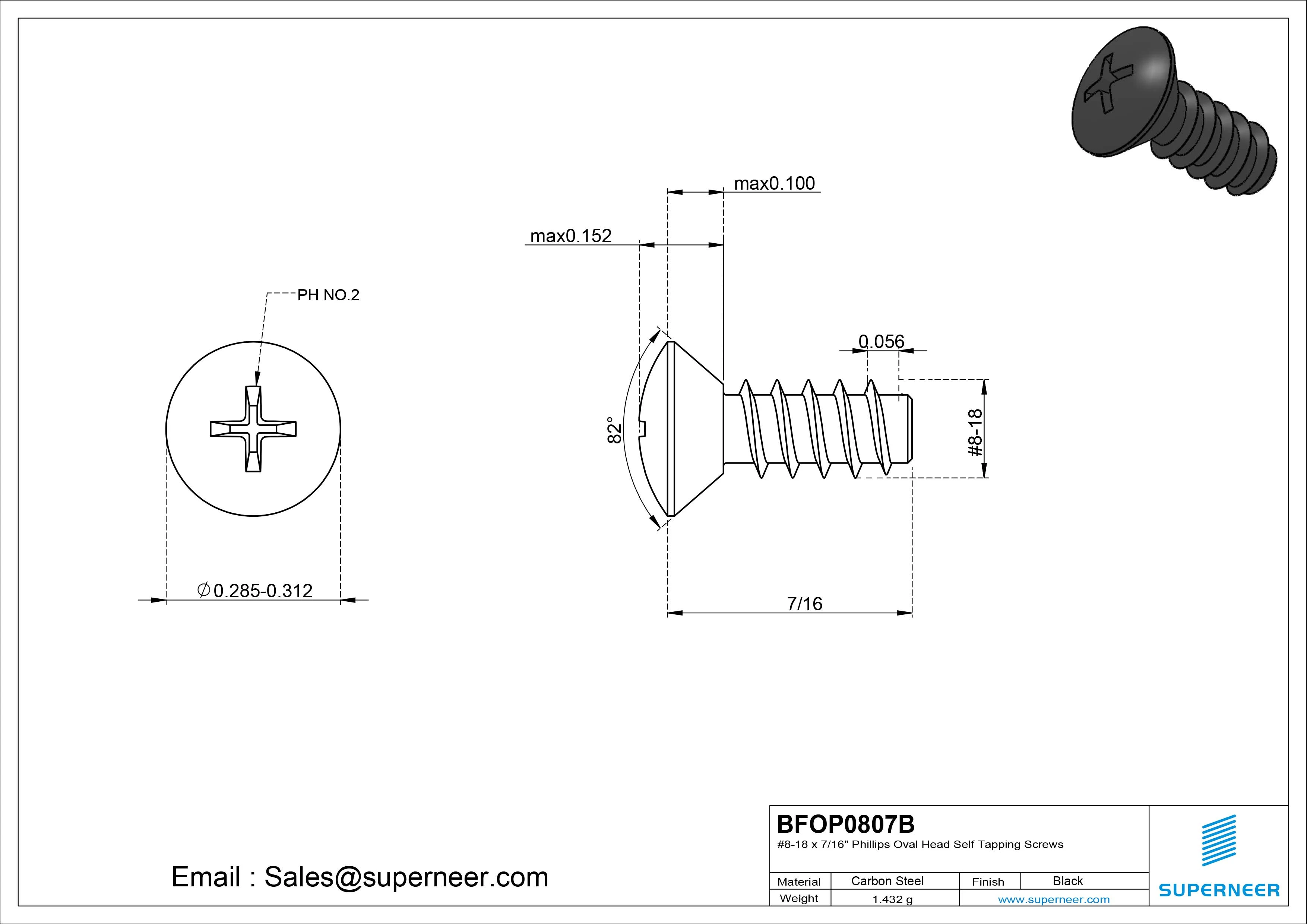 8-18 x 7/16" Phillips Oval Head Self Tapping Screws Steel Black Zinc Plated