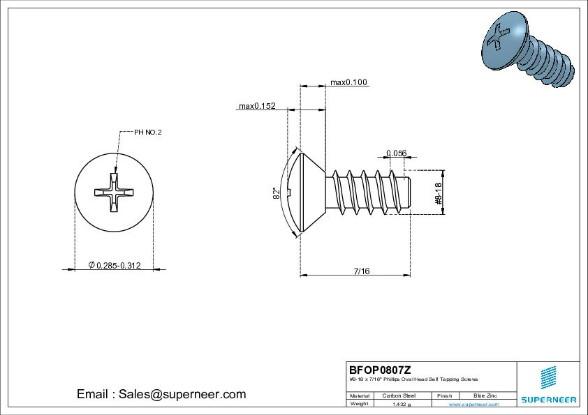 8-18 x 7/16" Phillips Oval Head Self Tapping Screws Steel Blue Zinc Plated