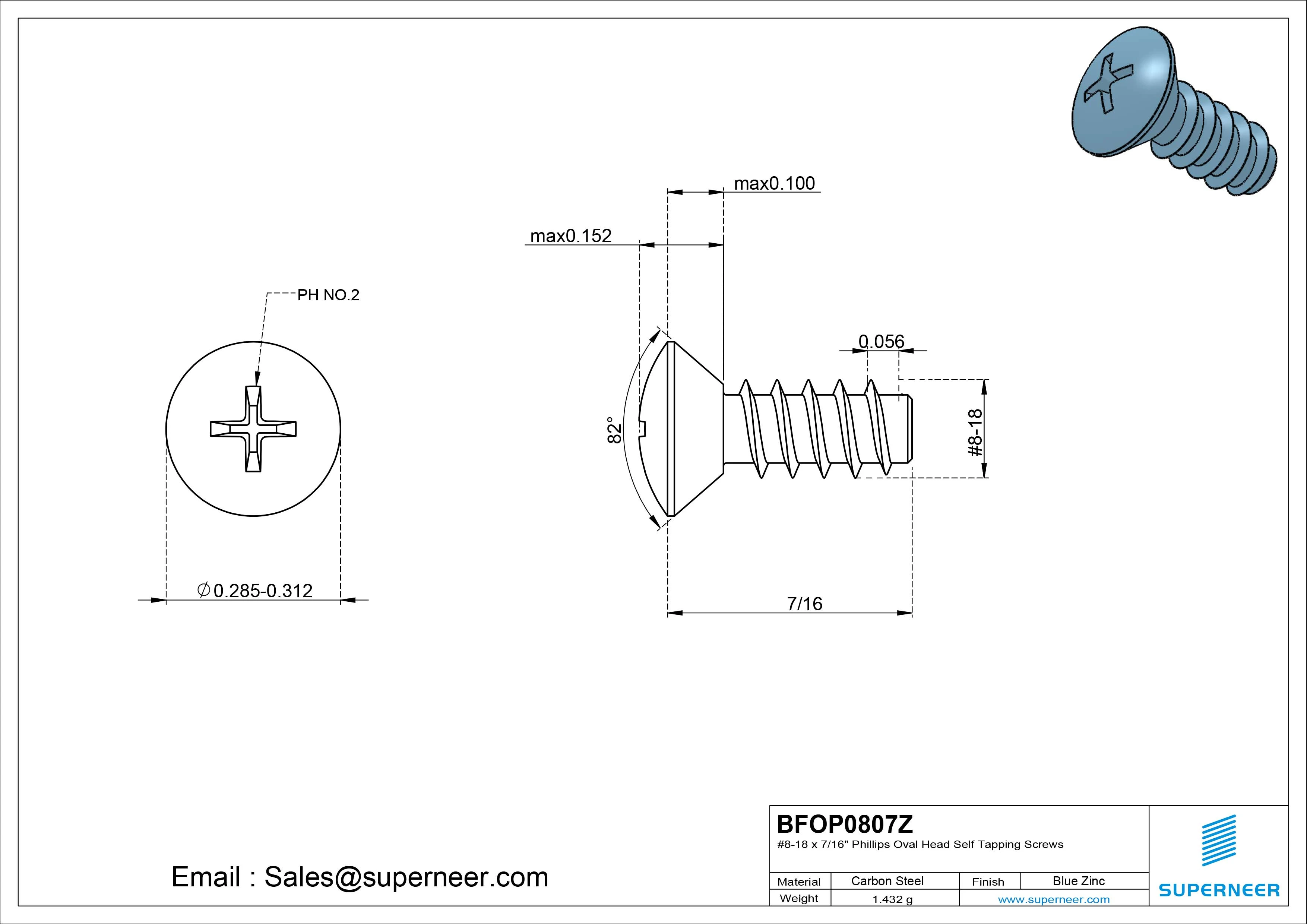 8-18 x 7/16" Phillips Oval Head Self Tapping Screws Steel Blue Zinc Plated