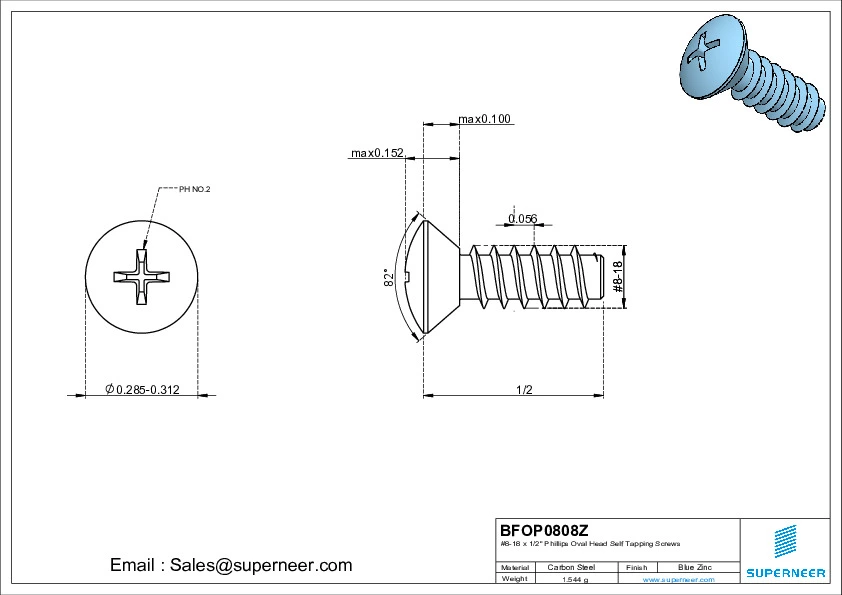 8-18 x 1/2" Phillips Oval Head Self Tapping Screws Steel Blue Zinc Plated