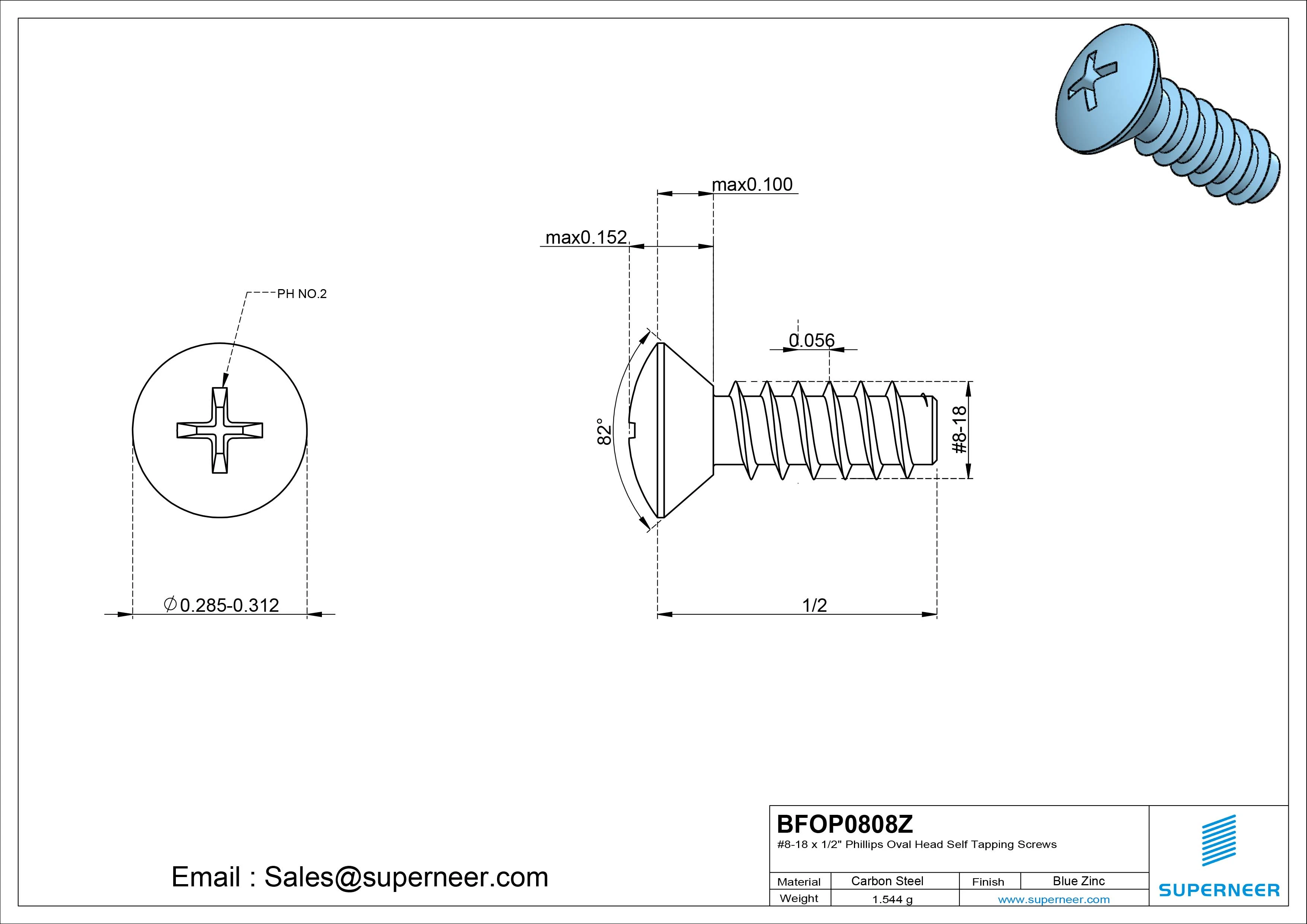 8-18 x 1/2" Phillips Oval Head Self Tapping Screws Steel Blue Zinc Plated