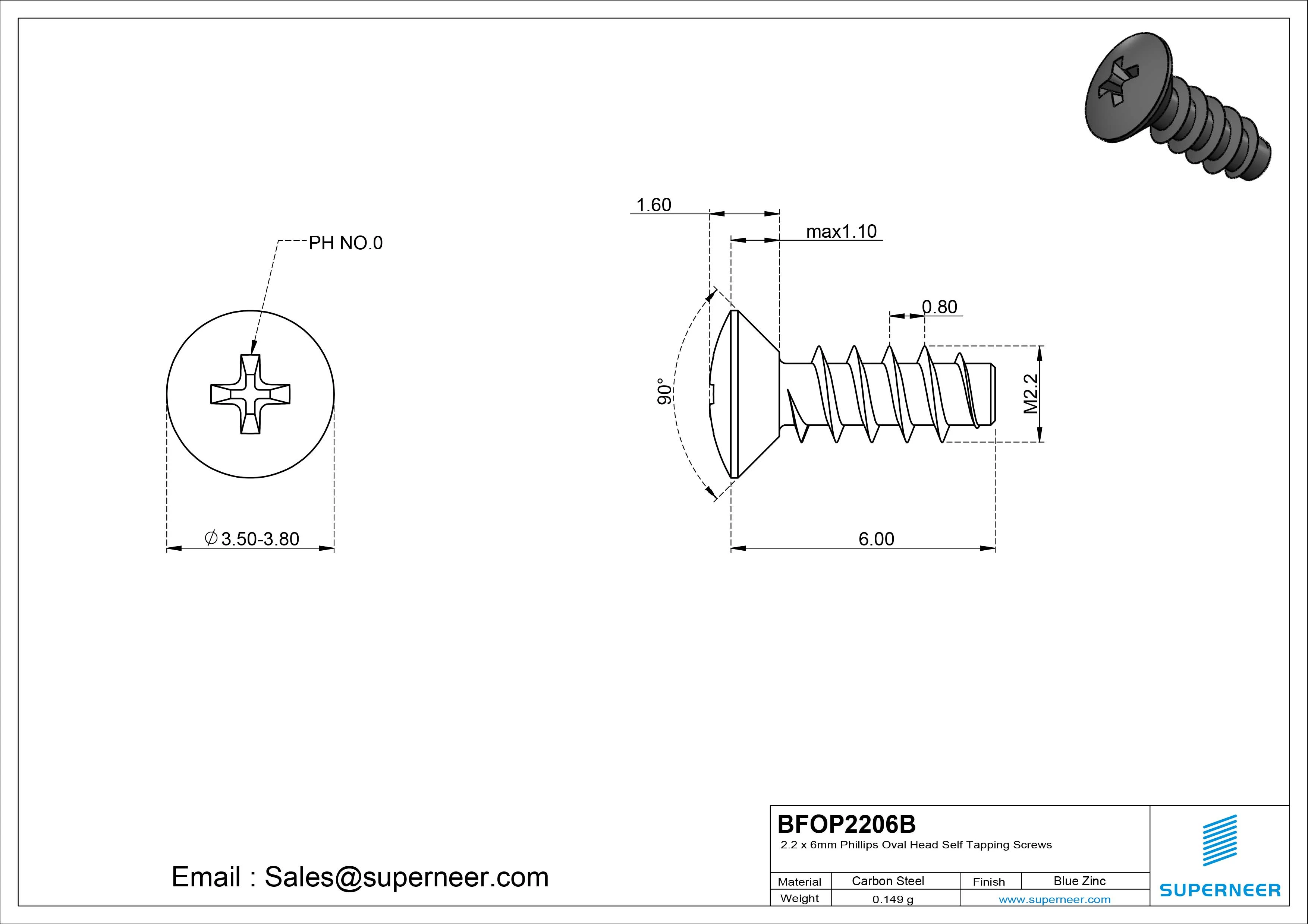 2.2 x 6mm Phillips Oval Head Self Tapping Screws Steel Black Zinc Plated