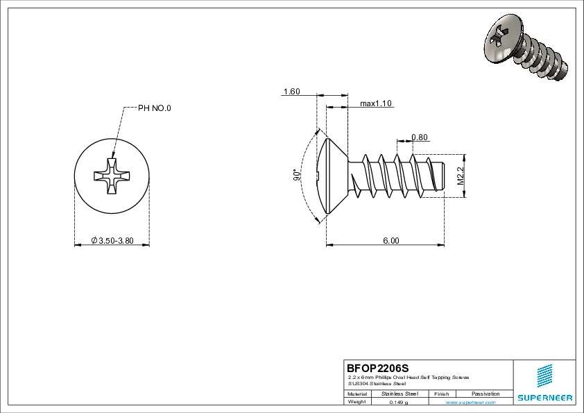 2.2 x 6mm Phillips Oval Head Self Tapping Screws SUS304 Stainless Steel Inox