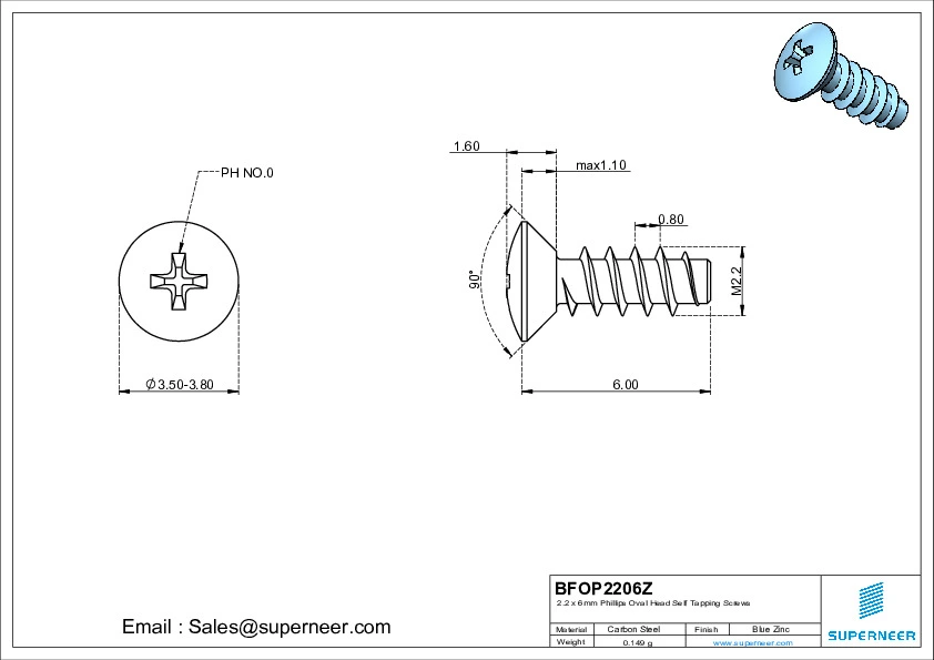 2.2 x 6mm Phillips Oval Head Self Tapping Screws Steel Blue Zinc Plated 