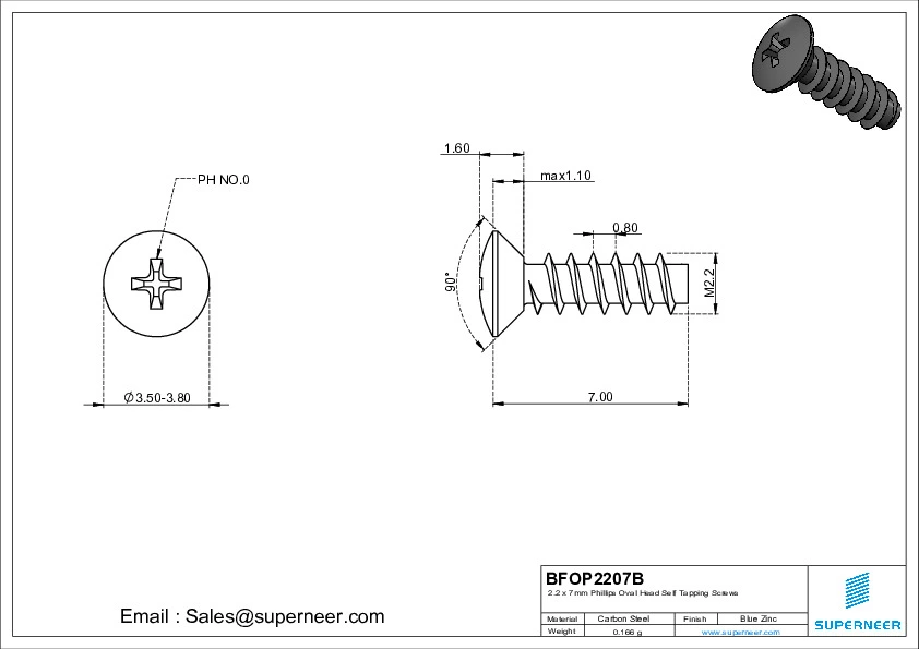 2.2 x 7mm Phillips Oval Head Self Tapping Screws Steel Black Zinc Plated