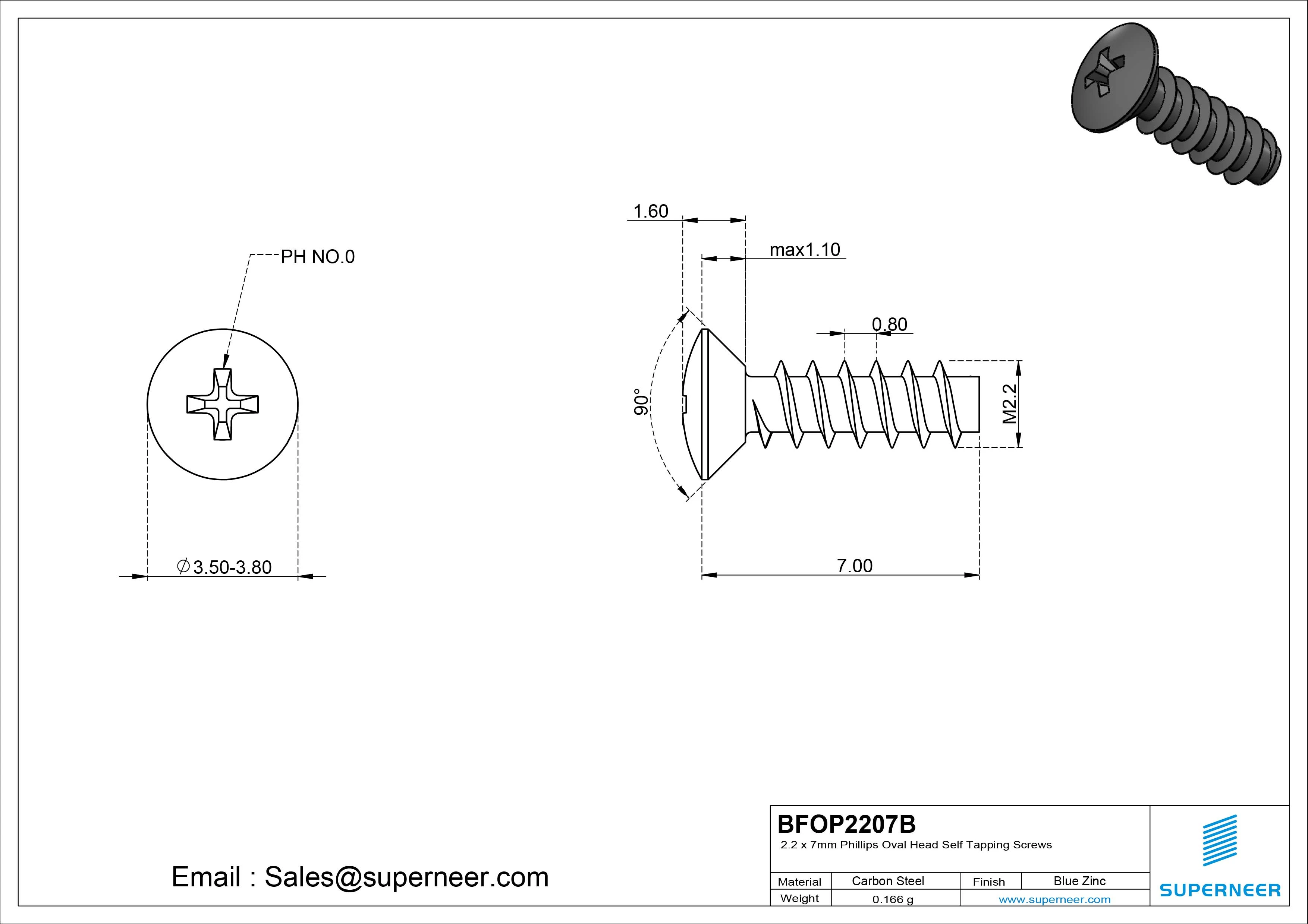 2.2 x 7mm Phillips Oval Head Self Tapping Screws Steel Black Zinc Plated