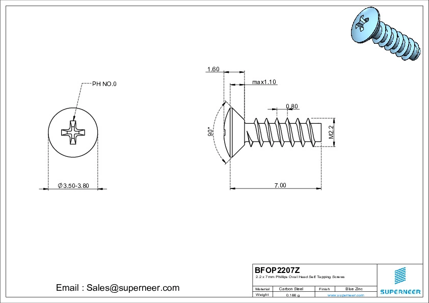 2.2 x 7mm Phillips Oval Head Self Tapping Screws Steel Blue Zinc Plated