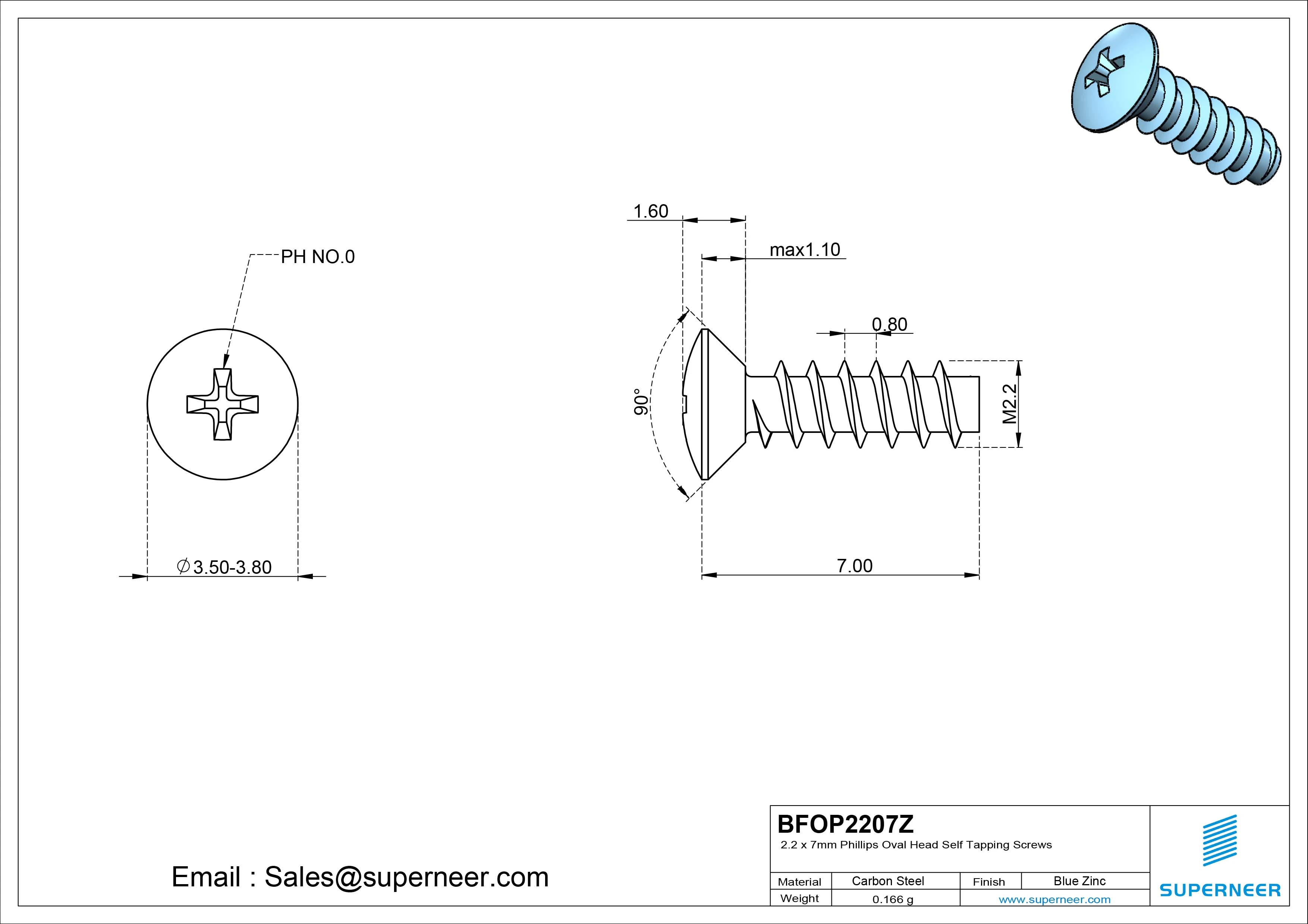 2.2 x 7mm Phillips Oval Head Self Tapping Screws Steel Blue Zinc Plated