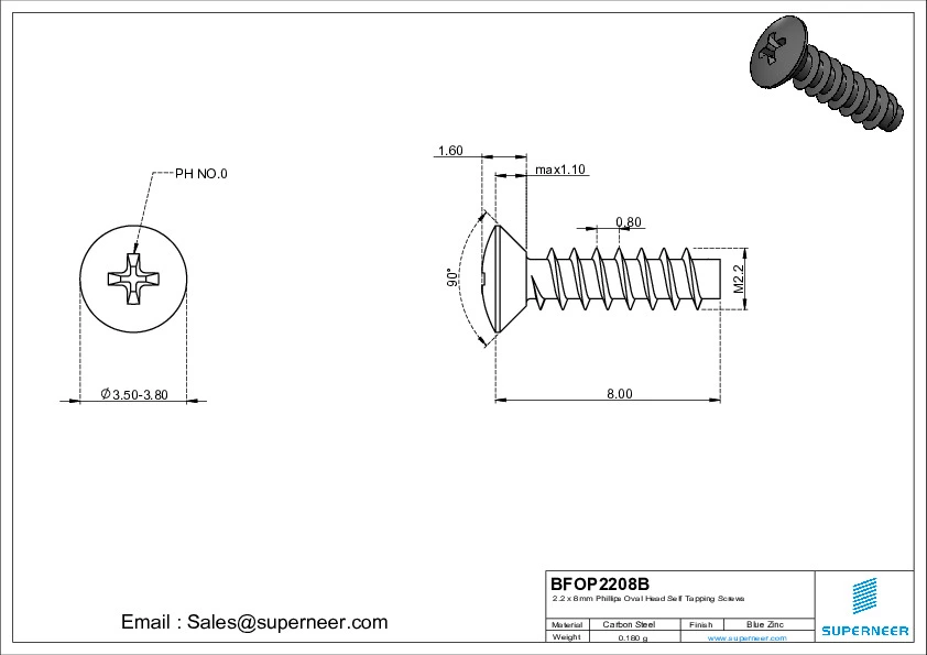 2.2 x 8mm Phillips Oval Head Self Tapping Screws Steel Black Zinc Plated