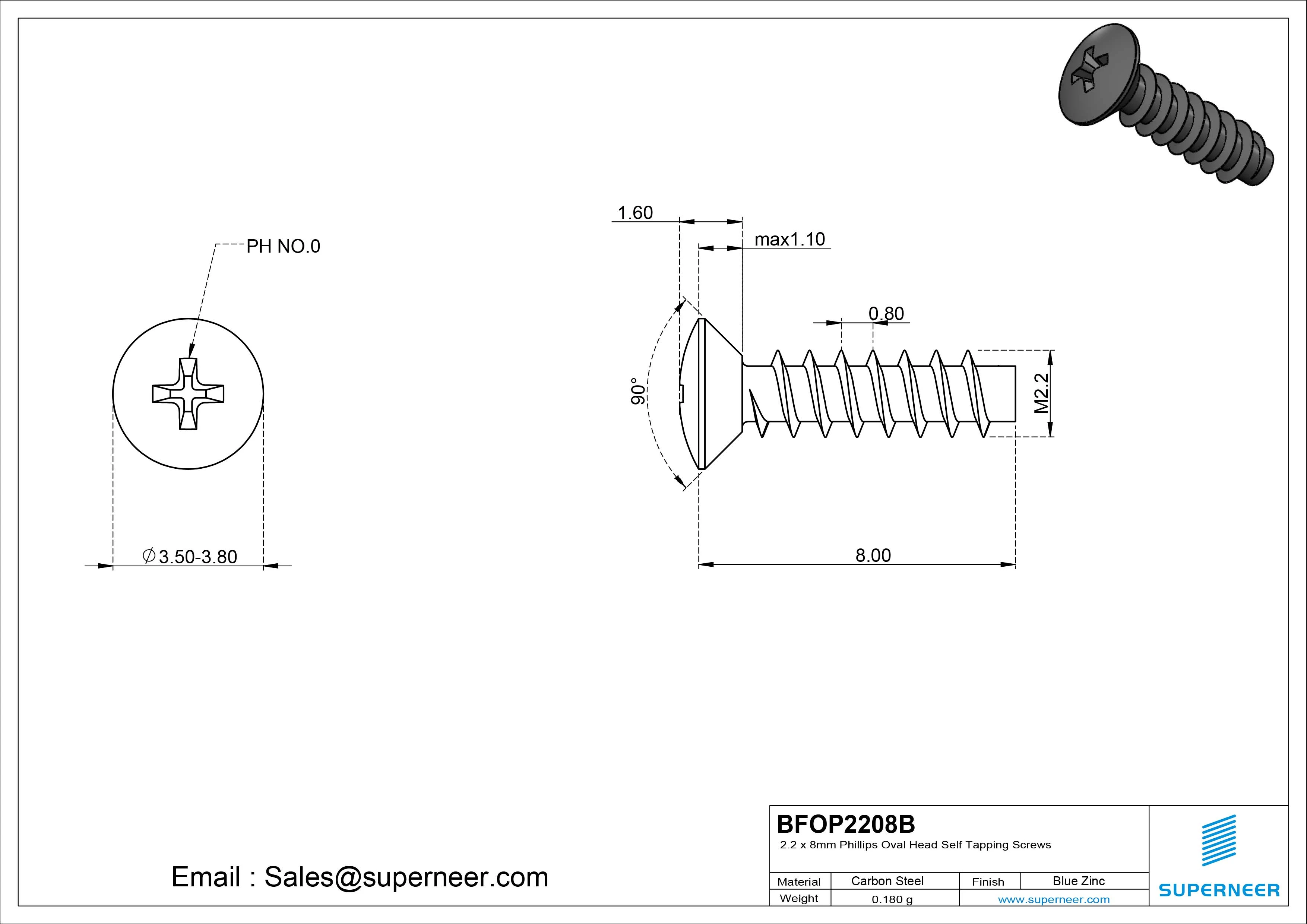 2.2 x 8mm Phillips Oval Head Self Tapping Screws Steel Black Zinc Plated