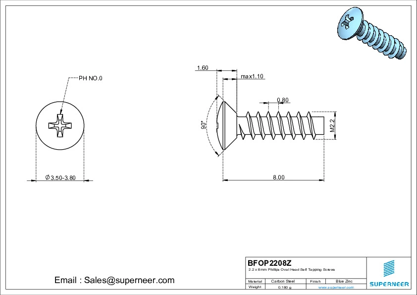 2.2 x 8mm Phillips Oval Head Self Tapping Screws Steel Blue Zinc Plated