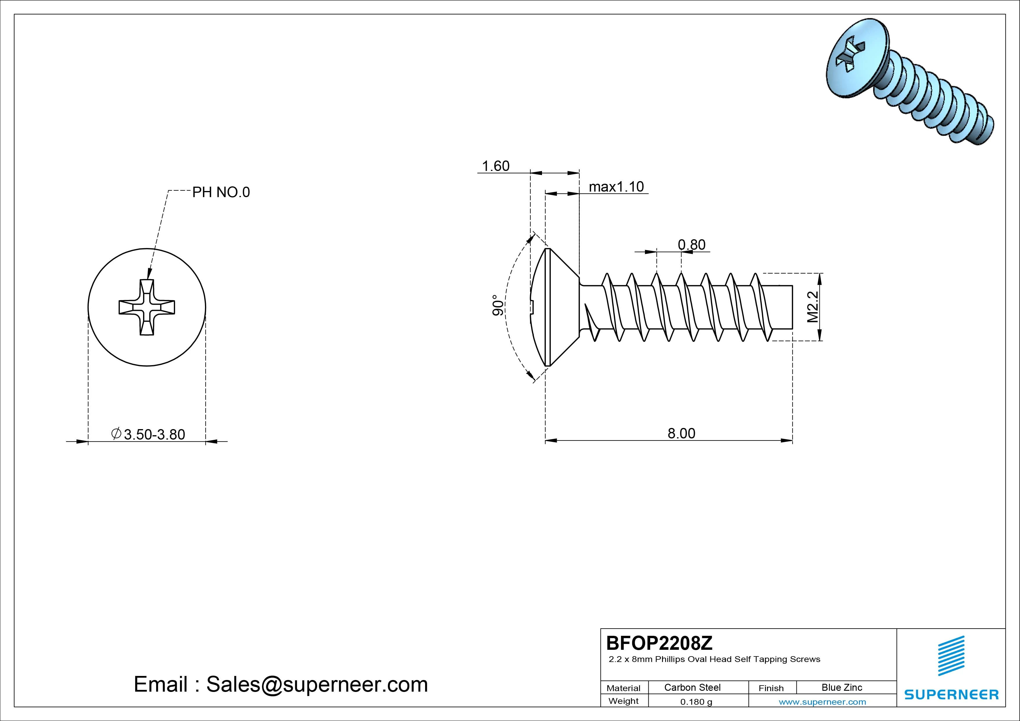 2.2 x 8mm Phillips Oval Head Self Tapping Screws Steel Blue Zinc Plated