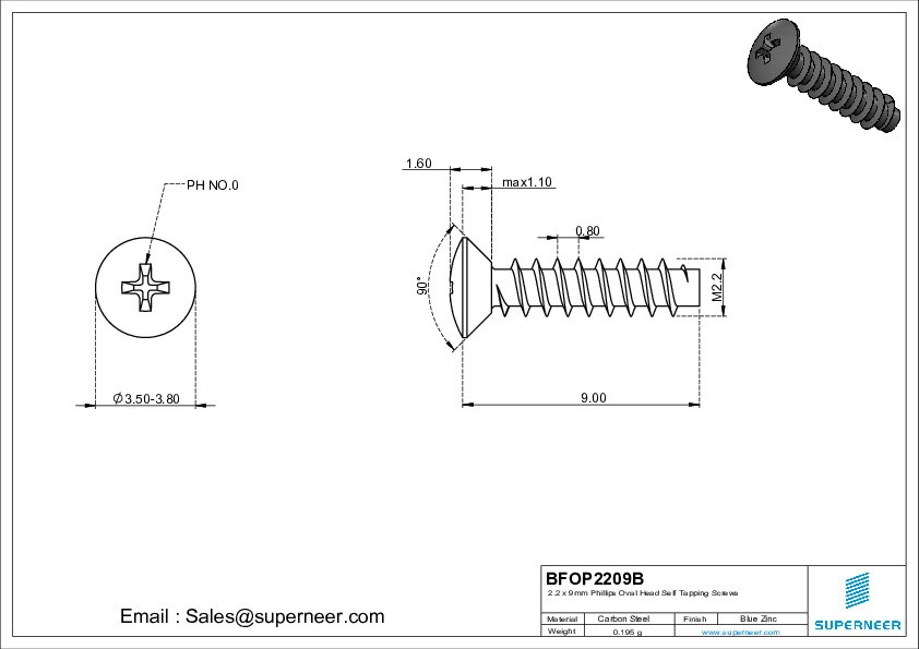 2.2 x 9mm Phillips Oval Head Self Tapping Screws Steel Black Zinc Plated