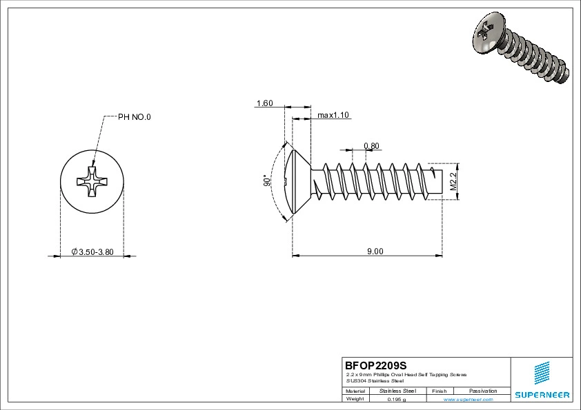 2.2 x 9mm Phillips Oval Head Self Tapping Screws SUS304 Stainless Steel Inox