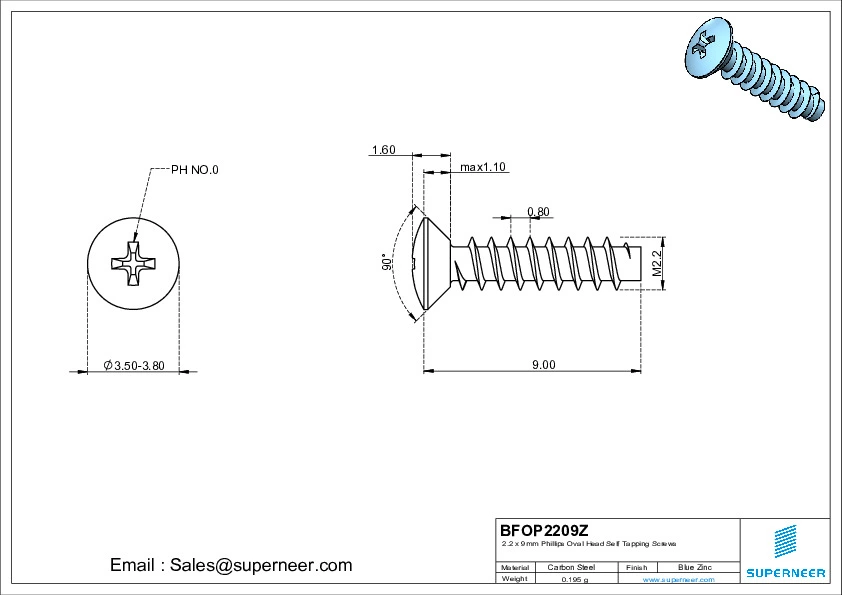 2.2 x 9mm Phillips Oval Head Self Tapping Screws Steel Blue Zinc Plated