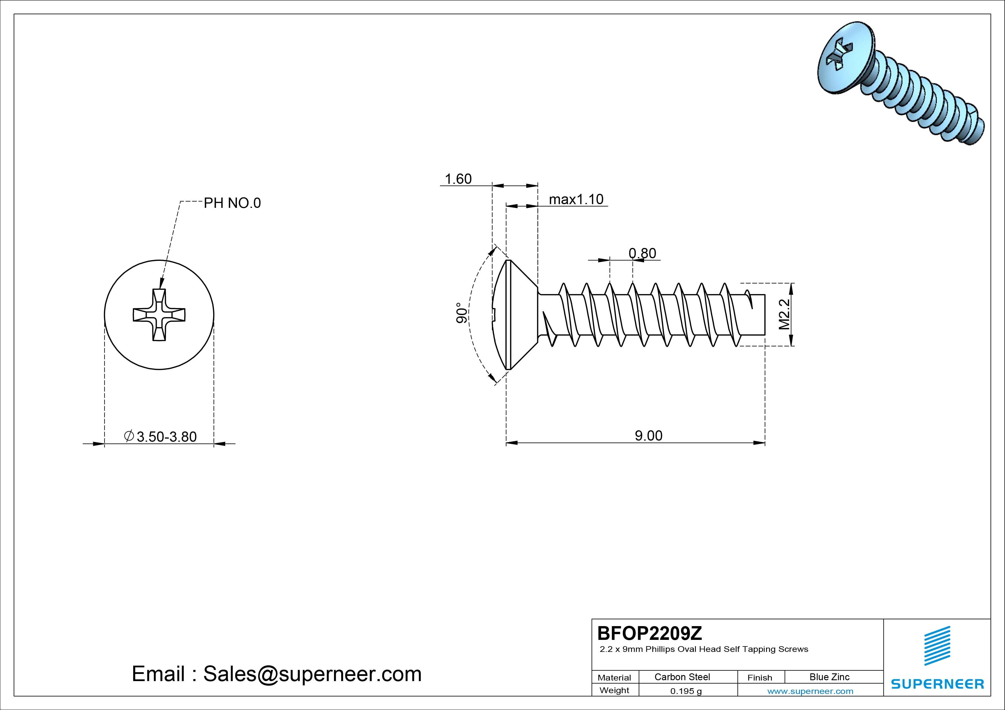 2.2 x 9mm Phillips Oval Head Self Tapping Screws Steel Blue Zinc Plated