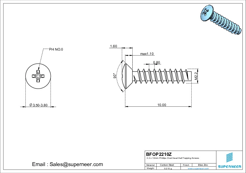 2.2 x 10mm Phillips Oval Head Self Tapping Screws Steel Blue Zinc Plated